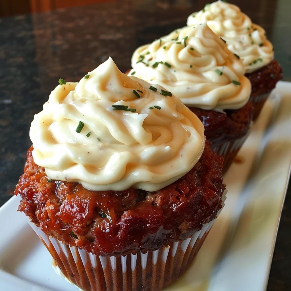 Meatloaf cupcakes with mashed potato icing.