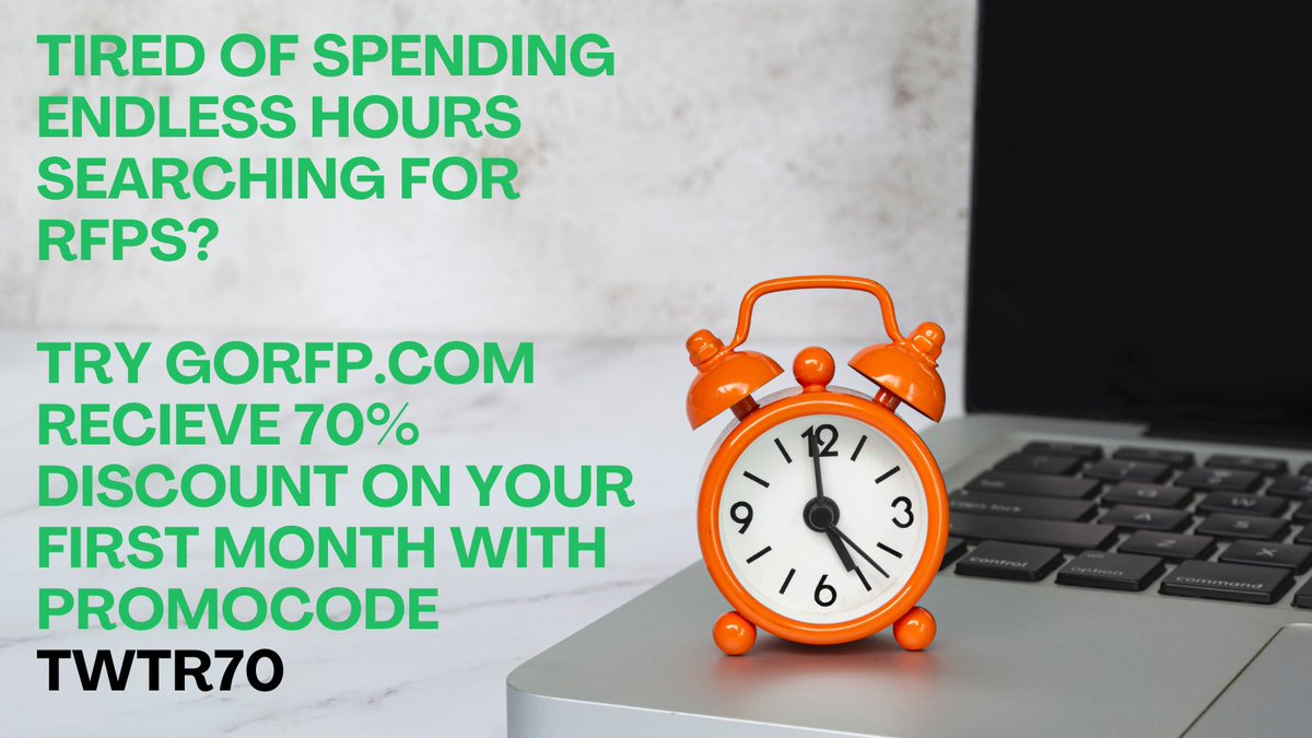 #GORFP #GOVERNMENTCONTRACTING 
Claim your free trial and 70% discount on your first month with promo code TWTR70. GoRFP.com