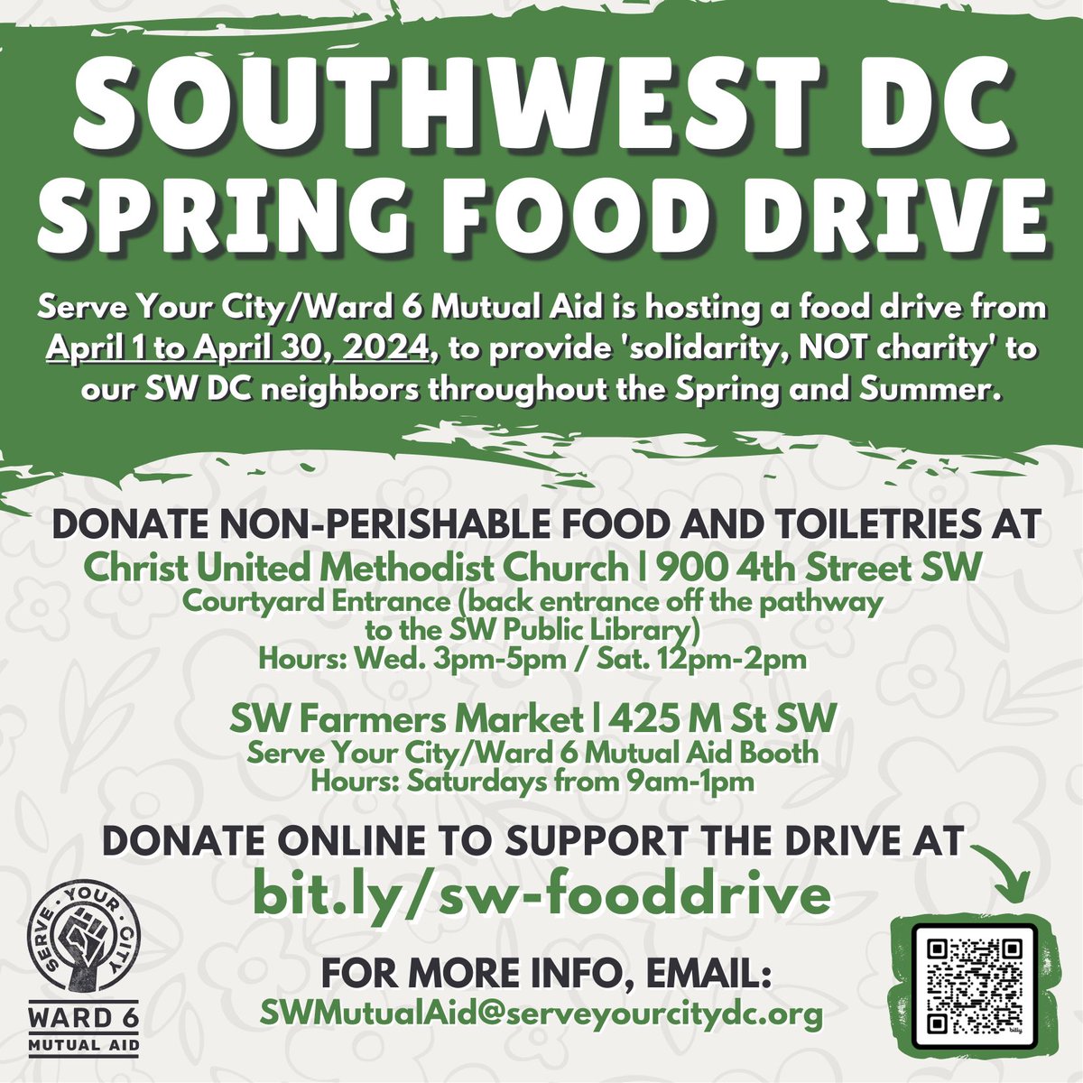 ‼️ NOW UNTIL APRIL 30: Join us in showing #solidarityNOTcharity by donating to #ServeYourCityDC/#Ward6MutualAid’s SW #DC Spring #FoodDrive! ➡️ Check out the attached flyer for details on helping your #SWDC neighbors this Spring & Summer! ➡️ bit.ly/sw-fooddrive.