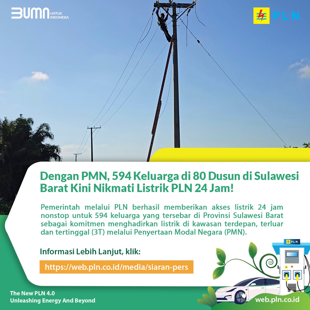 Sebagai komitmen menghadirkan listrik di kawasan 3T, Pemerintah melalui PLN berhasil memberikan akses listrik 24 jam nonstop untuk 594 keluarga yang tersebar di 80 dusun di Provinsi Sulawesi Barat. 

#PLN #PLNUntukIndonesia #AcceleratingRenewableEnergy