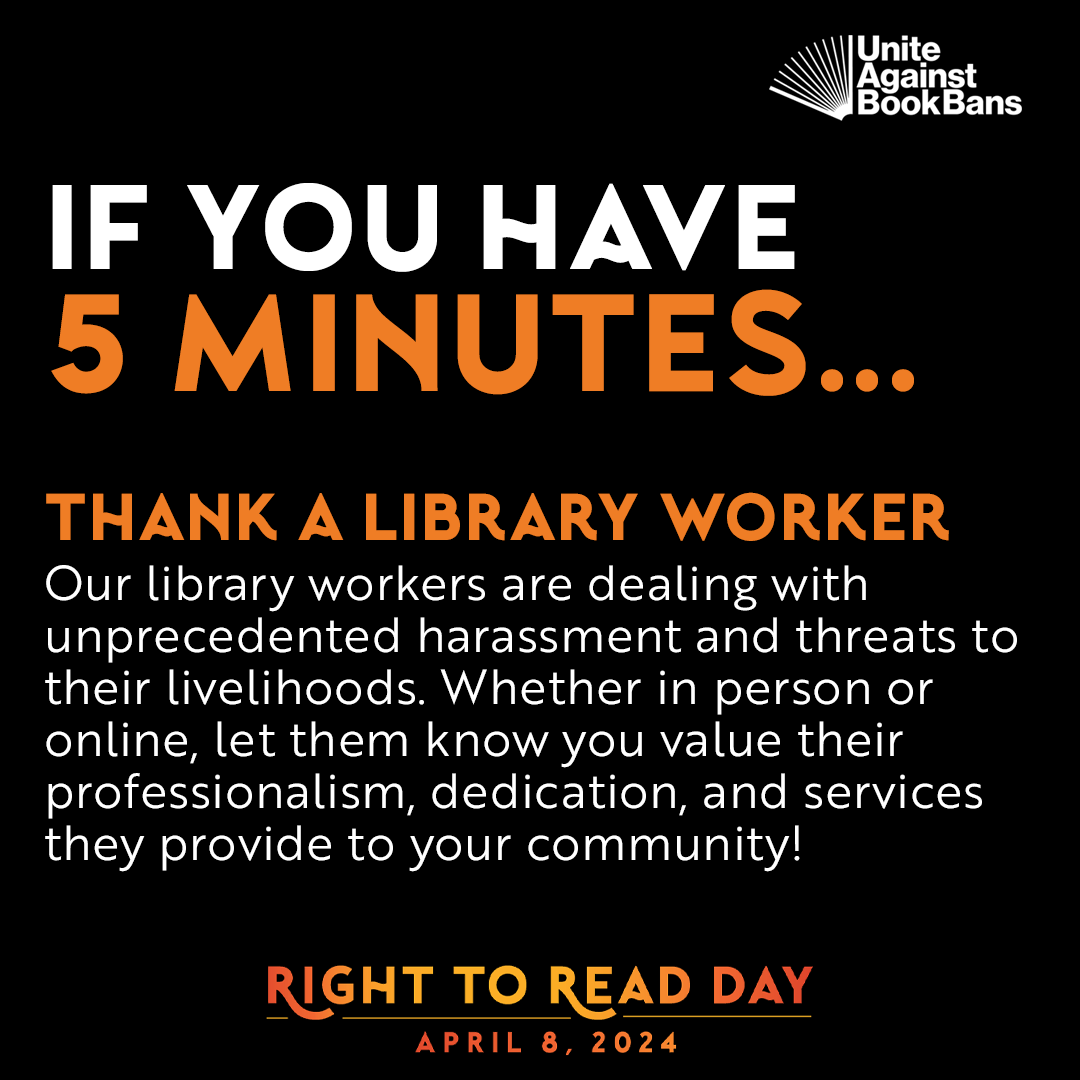 UABookBans's tweet photo. It's National Library Workers Day. 

Take 5 mins today to thank a library worker. With the current climate of censorship, they're dealing w/unprecedented harassment &amp; threats. Let them know you value them &amp; all they do for the community. #NationalLibraryWeek #UniteAgainstBookBans https://t.co/L4eKYpxFW0