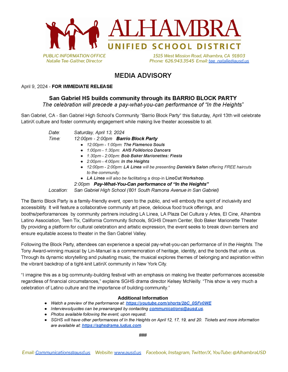 So excited 🎉for our #BarrioBlockParty & pay-what-you-can performance of 🎭#InTheHeights🎶 ✨Join us at #SanGabrielHS this Saturday (📅4/13) for this free, family-friendly event (starting @ noon)❗️ 🎦Check out this preview youtube.com/shorts/2bC_0SF… - @LosAngelesCOE @Lin_Manuel