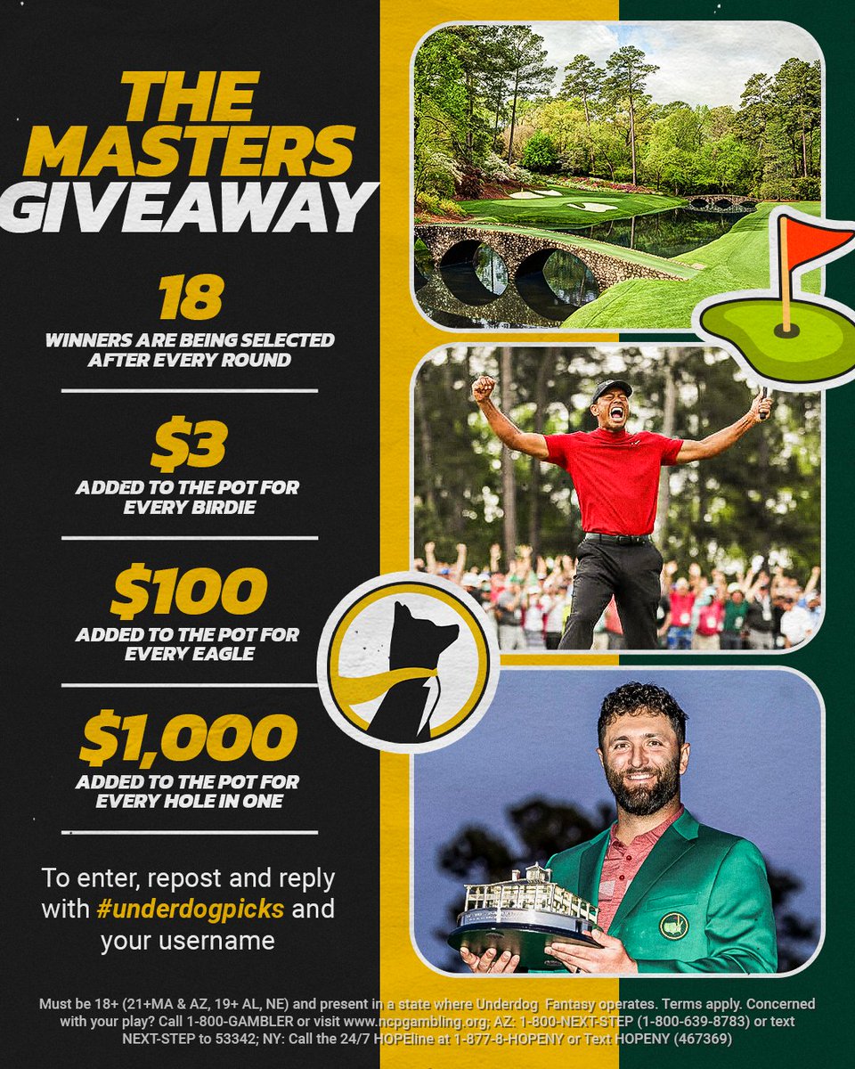 4 Days of Giveaways for The Masters ⛳️ Every round, we are splitting Underdog Credit among 18 winners based on each day's outcome 💰 To enter, just retweet this and reply with #UnderdogPicks and your Underdog Username 🤝