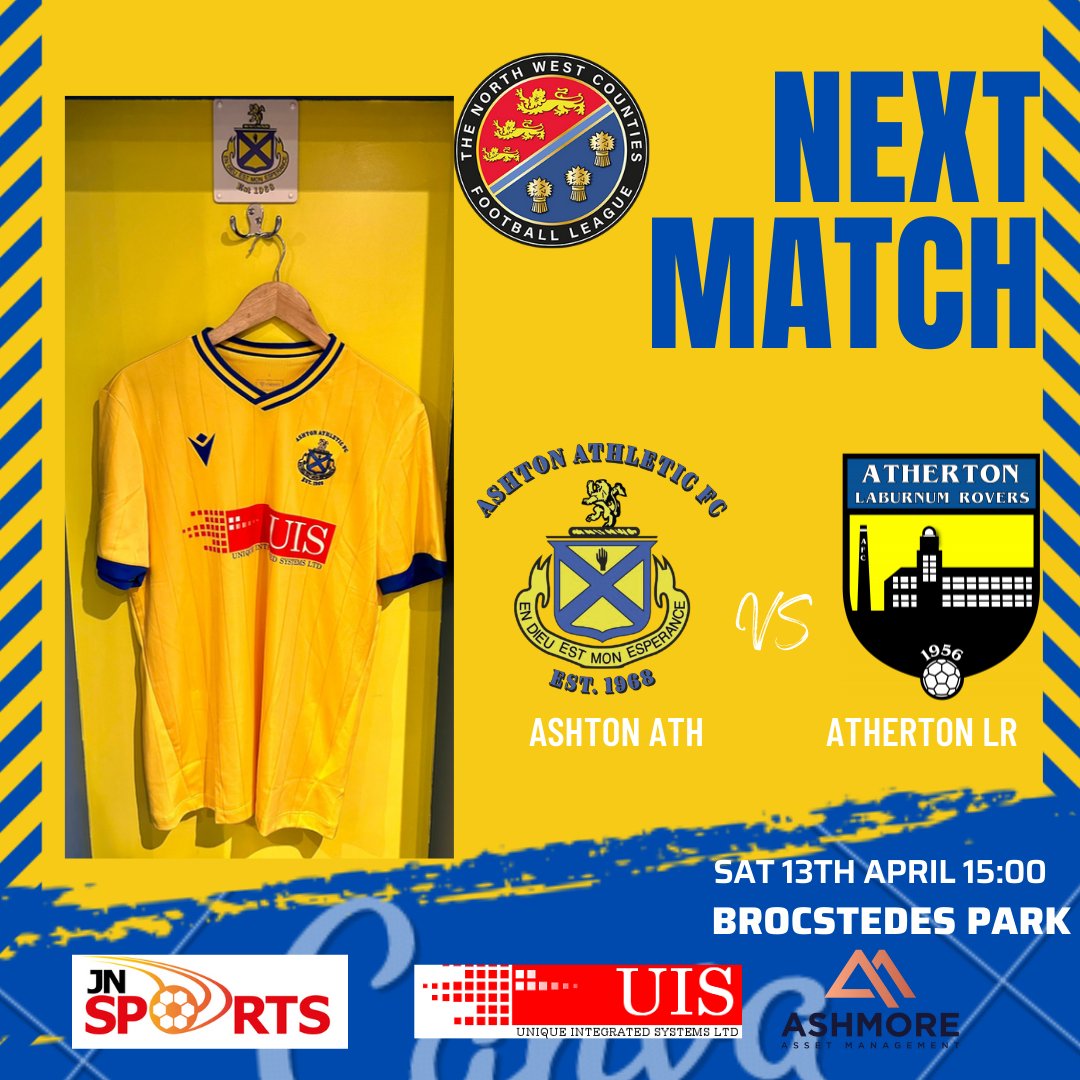 🔜It's our last game of the season on Saturday!
⚽️We welcome Wigan borough neighbours @AthertonLRFC to Brocstedes Park
🎟️Adults £6, concessions £4
📺Match preview coming your way, Yellows! 💛💙

#AshtonAthletic
#Yellows
#Proudtobeyellow