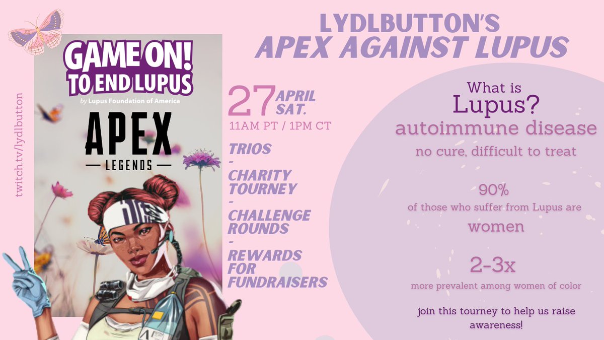 calling all amazing women in #ApexLegends!!! i'm hosting my final APEX charity tournament later this month and I would love for it to be majority women lobby because i'll be raising funds for the Lupus Foundation of America! shoot me a DM or comment here if you're interested 👀