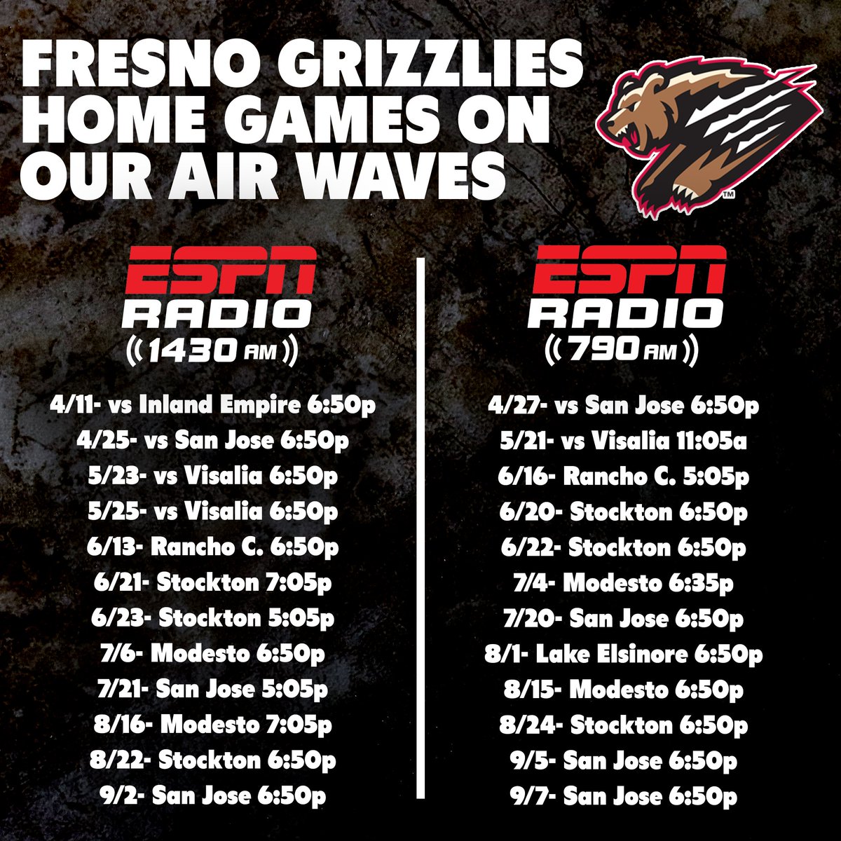 We are excited to announce ESPN Radio Fresno will be airing selected Fresno Grizzlies home games. Starting this Thursday April 11 we will have 12 games on 1430AM and another 12 games on 790AM. Keep it with us and listen to an exciting season of Fresno Grizzlies baseball.