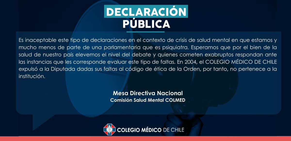 colmedchile's tweet photo. [#DeclaraciónPública]
Desde #COLMED repudiamos los dichos por la Diputada María Luisa Cordero, en la sesión de la Comisión de Salud de la @Camara_cl con relación a la pertinencia de resguardar la integridad de las personas con diagnóstico de Esquizofrenia por el riesgo que ellas tienen de cometer suicidio. 
Esperamos que por el bien de la salud de nuestro país elevemos el nivel del debate y quienes cometen exabruptos respondan ante las instancias que les corresponde evaluar este tipo de faltas.