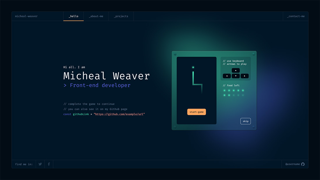 alexdeploy's tweet image. Hoy es el #PortfolioDay , un buen día para recordar la web portfolio que hice para desarrolladores que buscan un buen diseño para exponer su trabajo.

Con un juego de snake 🐍 en la página de inicio para poner a prueba a tus visitantes.

👉 github.com/alexdeploy/dev…