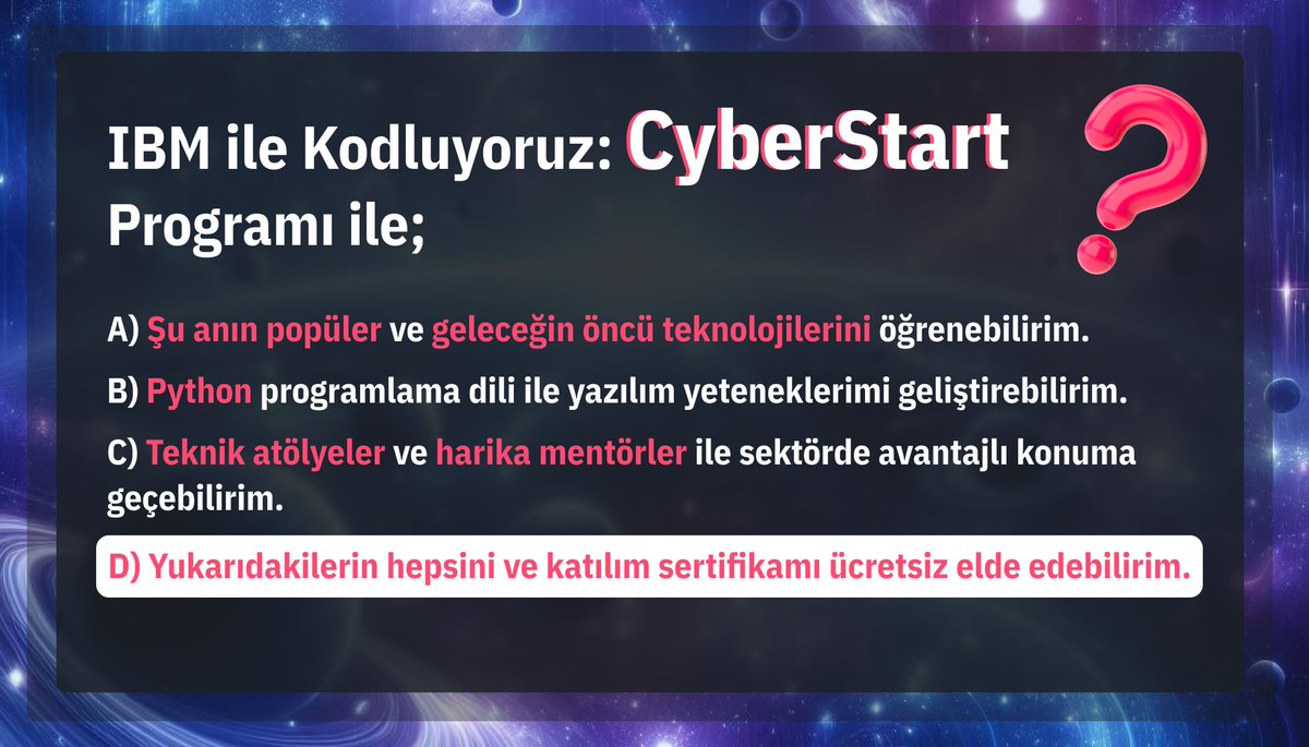 Cevabı çok belli oldu sanki 🤓 Sizi IBM ile Kodluyoruz: CyberStart Programı ile hedeflediğiniz kariyerde bir adım öne geçmeye davet ediyoruz! Hemen başvur! 💼 👉 bit.ly/ibm-ile-kodluy… #IBM #Kodluyoruz #CyberStart #SiberGüvenlik