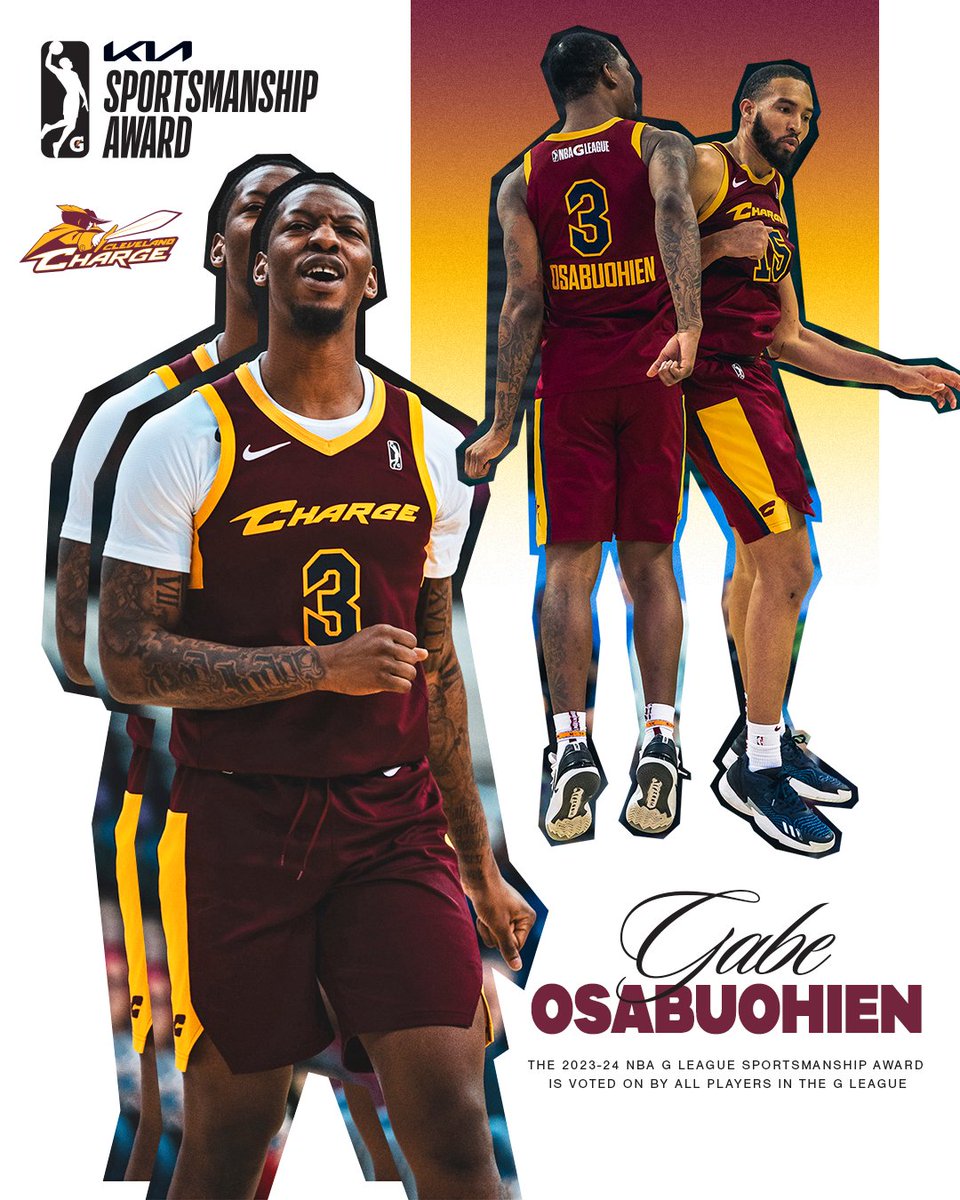 .@ChargeCLE's Gabe Osabuohien is the 2023-24 @Kia NBA G League Sportsmanship Award Winner! The honor was earned by Gabe for his exemplary character both on the court and in the community. Congrats, Gabe!