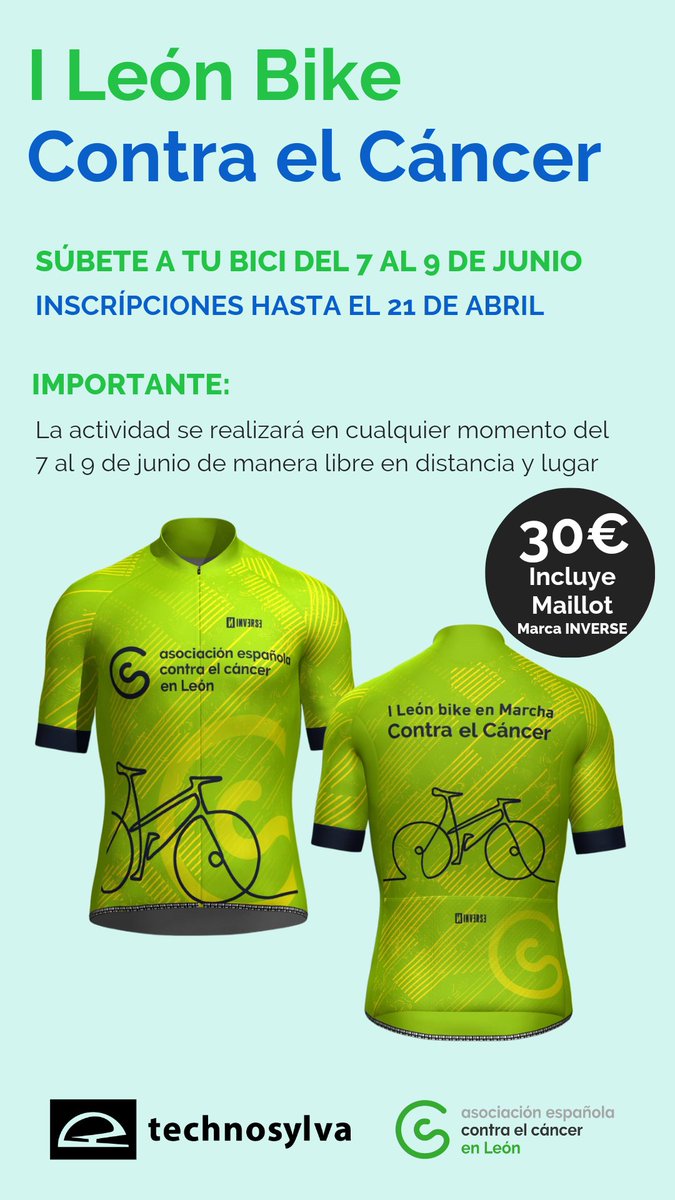 ContraCancerLE's tweet photo. 𝗟𝗲𝗼́𝗻 𝗕𝗶𝗸𝗲 𝗖𝗼𝗻𝘁𝗿𝗮 𝗲𝗹 𝗖𝗮́𝗻𝗰𝗲𝗿 ¿Te lo vas a perder?

🚲SÚBETE A TU BICI DEL 7 AL 9 DE JUNIO🚲

👉🏼 𝗜𝗻𝘀𝗰𝗿𝗶𝗽𝗰𝗶𝗼́𝗻 (30 euros con maillot de @InverseTeams ) abierta 𝗵𝗮𝘀𝘁𝗮 𝗲𝗹 𝟮𝟭 𝗱𝗲 𝗮𝗯𝗿𝗶𝗹 en:
https://t.co/kqQImIinLC

@tecnosylva https://t.co/4mTERQST2h