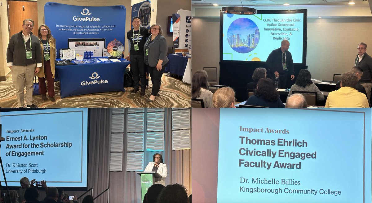 givepulse's tweet photo. @Campus_Compact #Compact24 day 2 kicks off to celebrate the Impact Awards with Dr. Khirsten Scott @PittTweet honored for the Ernest A. Linton Award for the Scholarship of Engagement, and to Dr. Michelle Billies @CUNYkcc and Dr. Devra Dang @UConn for the Thomas Ehrlich Civically Engaged Faculty Award. Followed by learning the work between @AmeriCorps and @Campus_Compact on AmeriCorps VISTA, Campus Climate Action Corps, and CRCorps. Followed by Michael Smith #NationalService reminding us education is the engine of social mobility, which will also come before updating us on what is being done for their members in equity, ensuring members show impact, and there be unity to ensure members continue #GettingThingsDone to lift the nation and build bridges in the 40 thousand communities they are in! Great to see campus museum demonstrations @nmcfservice here at the conference! And a few joyful and candid photos from yesterday, including a presentation by Josh from the Institute for Civic Engagement & Democracy (iCED) @MDCollege speaking on their amazing work with The Civic Action Scorecard with our very own Brian #BeMDC #ChangemakingMDC #CLDE #MadeInAmericorps #highered #civicengagement #CommunityEngagement @visitdenver @CityofDenver