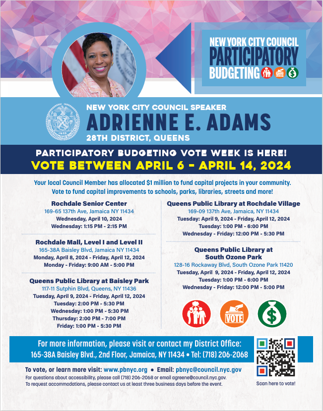 NYCSpeakerAdams's tweet photo. How would you spend up to ONE MILLION dollars in #TheGreat28? 

#PBVoteWeek is here! Vote online or in person by this Sunday to decide how funding will be used to improve schools in our community! 

https://t.co/JlrgtjsSUm https://t.co/VKevYlnvIZ