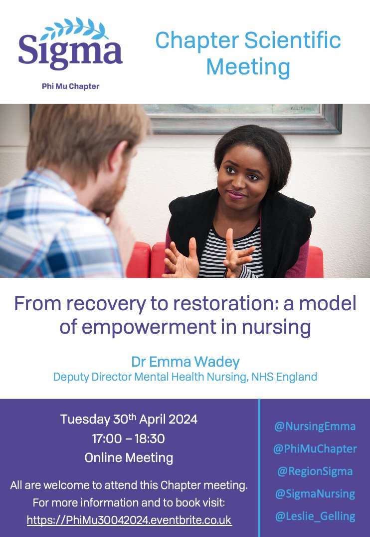 We will be hosting our next virtual scientific meeting on 30th April at 17:00 (BST). For more information & to register: PhiMu30042024.eventbrite.co.uk @SigmaNursing @RegionSigma @NursingEmma @lwestcott1 @MarieLouiseLui1 @Nursing_BU @leslie_gelling #MHNursing #Represent