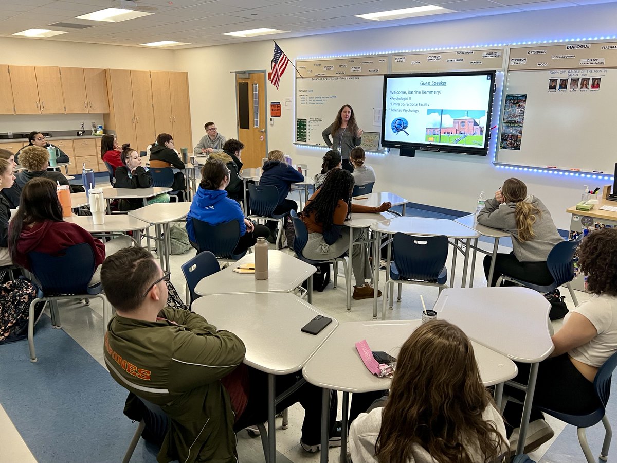 Students in Mrs. Dean's and Mr. Folnsbee's Introduction to Psychology classes had the pleasure of learning about careers in mental health and corrections thanks to Katrina Kemmery, of Elmira Correctional Facility.