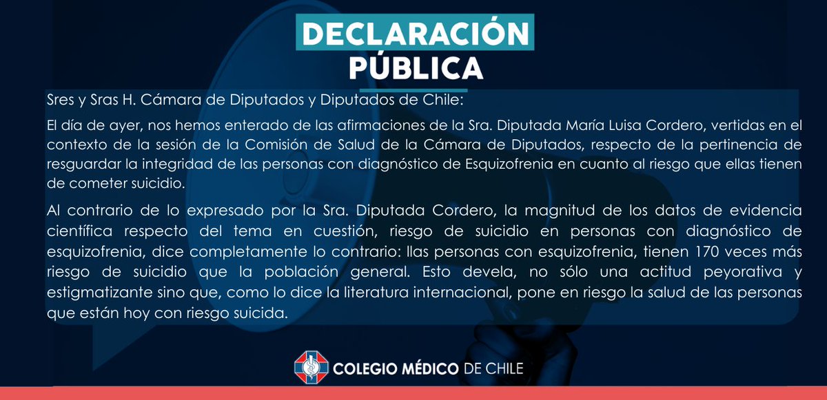 colmedchile's tweet photo. [#DeclaraciónPública]
Desde #COLMED repudiamos los dichos por la Diputada María Luisa Cordero, en la sesión de la Comisión de Salud de la @Camara_cl con relación a la pertinencia de resguardar la integridad de las personas con diagnóstico de Esquizofrenia por el riesgo que ellas tienen de cometer suicidio. 
Esperamos que por el bien de la salud de nuestro país elevemos el nivel del debate y quienes cometen exabruptos respondan ante las instancias que les corresponde evaluar este tipo de faltas.