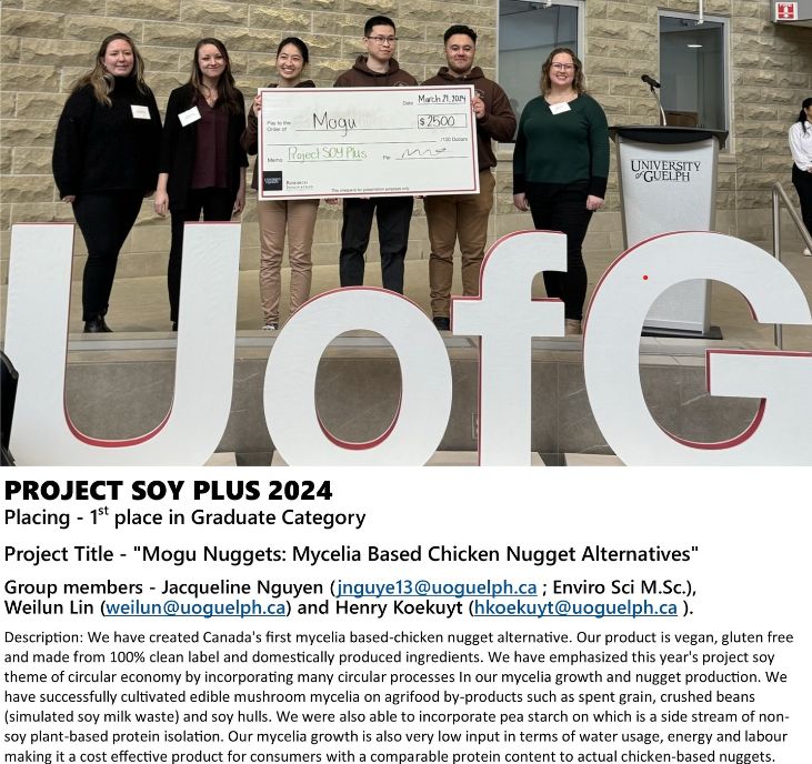 Congratulations to our Food Science Graduates, Henry Koekuyt and Weilun Lin as well as Environmental Science Graduate, Jacqueline Nguyen, on their winning Project Soy Plus: the MOGU NUGGETS! #food #foodscience #oac #universityofguelph #soy