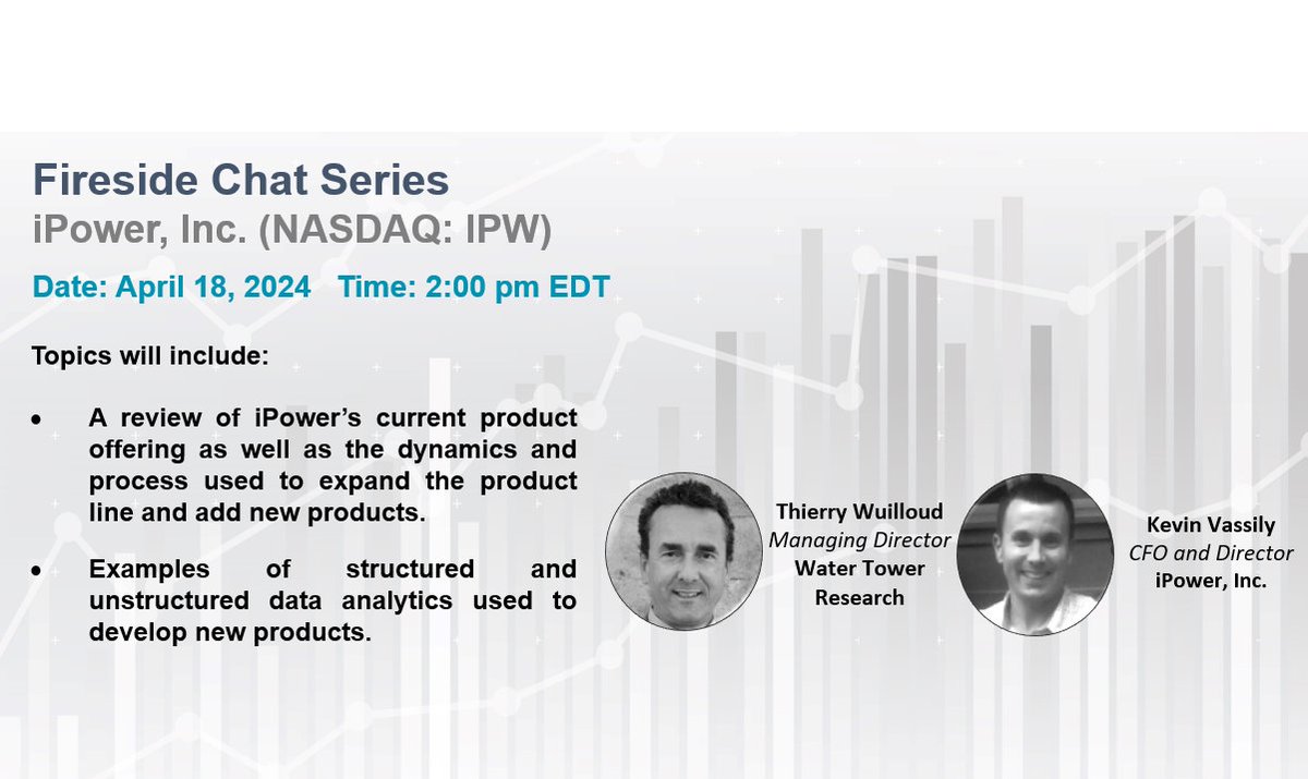 Join Thierry Wuilloud for a fireside chat with iPower, Inc. CFO & Director Kevin Vassily, on Thursday, April 18th, at 2:00 pm ET.
#tiktok #onlinemarketplace #watertowerresearch #wtr $IPW
us06web.zoom.us/webinar/regist…