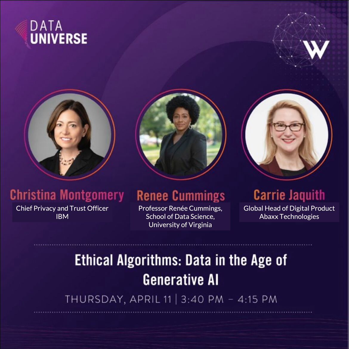 Are #data governance & audits enough to keep #ethical data handling on the rails as we develop & expand our use of #AI? Global Head of Product, @CarrieJaqs, joins @IBM & @UVADataScience at @DUNYevent for a conversation covering ethical #algorithms in the age of generative #AI