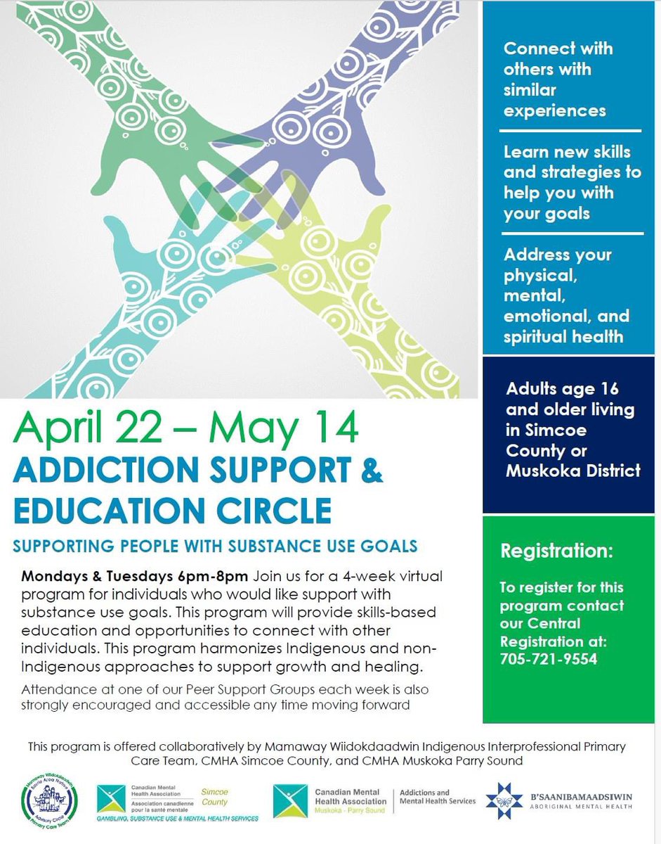 Mamaway Wiidokdaadwin is partnering with CMHA to offer this 4-week series. Please see below the flyer with more details.

If this program interest you, please register by calling 705-721-9554

Feel free to share with others who may benefit from this series.