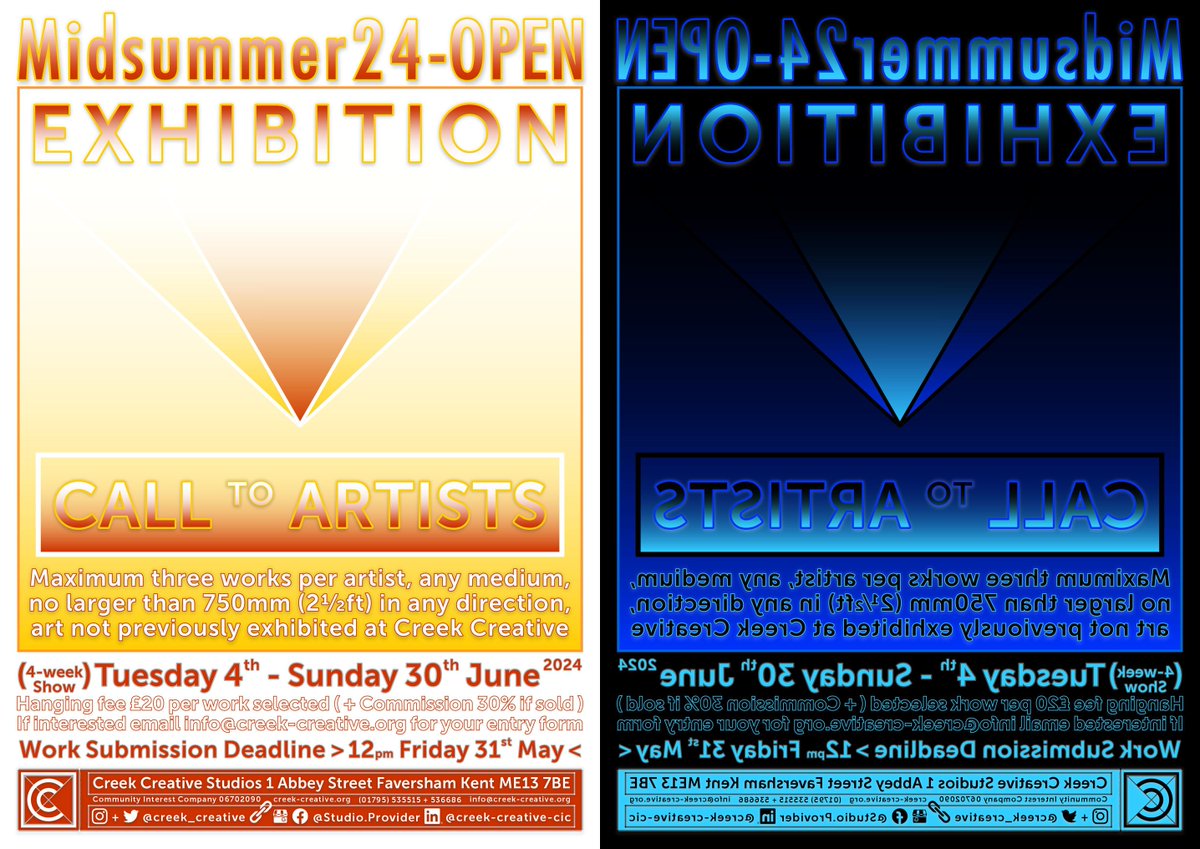creek_creative's tweet image. Introducing our Midsummer24-OPEN Exhibition #CallToArtists for a 4-week #GroupShow #OpenShow (Tue 4th - Sun 30th June, Upper Gallery) #HangingFee £20/work, max 3/artist, size max 75cm +30% commission. Submit form by Noon Wed 29th + work Fri 31st May. Email info@creek-creative.org