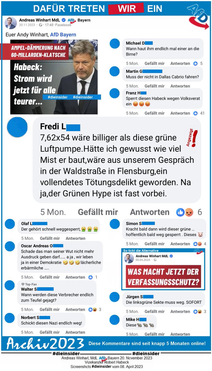 Bei gestrigen Recherchen sind wir auf folgende Kommentare bei Andreas Winhart gestoßen. 

Wenn er uns nicht blockiert hätte, würden wir fragen, warum er so etwas nicht löscht!
 
#LautGegenRechts #NiemalsAfD #AfDVerbot
#RobertHabeck @Die_Gruenen 
#GemeinsamGegenHass #DieInsider