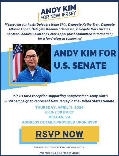 We 𝘮𝘶𝘴𝘵 win a Democratic majority in the US Senate and elect inspirational leaders like @AndyKimNJ. Please join me, @Lopez4VA, @ireneshintweets, @Kannan4Delegate, @MarkSicklesVA, & @SalimVASenate for a reception for Andy on Thursday, 4/11 at 6pm. ➡️ secure.actblue.com/donate/ev.04.1…