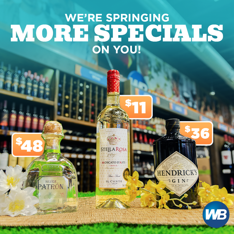WBLiquors's tweet photo. Get your bar cart ready, we’re springing more specials on you! 🥂 Sip through these great deals all month long.  
🌷 $11 Stella Rosa Moscato 750mL 
🌷 $36 Hendrick's Gin 750mL 
🌷 $48 Patrón Silver Tequila 750mL  

*Specials available in-store at WB from 4/1-4/30. https://t.co/yQHZwkc9No