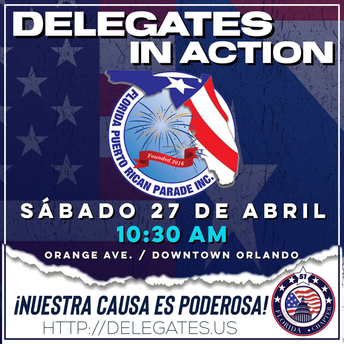 La Delegación Extendida Capitulo de Fl estaremos presente en la Parada Puertorriqueña en Orlando. Para llevar nuestro mensaje de lucha a todos los presentes para que se unan a nuestra causa. ¡Igualdad para PR!🇺🇸🇵🇷 @delegates51 @ricardorossello @beatrizrossello #PRStatehood51