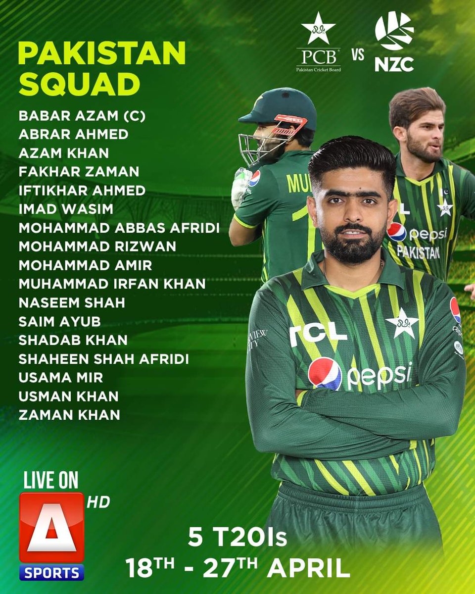 Pakistan squad for five-match T20I series against New Zealand.🇵🇰🇳🇿🏏 King Babar Azam back as captain.👑🔥 Imad Wasim and Mohammad Amir are back! Usman Khan also makes the squad for the 5 T20Is.🔥 #PAKvNZ #BackTheBoysInGreen