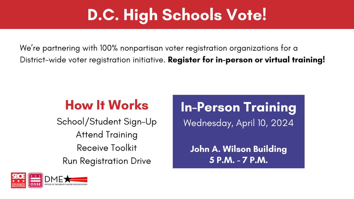 D.C. high schools vote! The next in-person training is tomorrow, April 10. There is still time to sign-up and join the District-wide initiative: forms.gle/uAEgHXFxfJ2QSF…