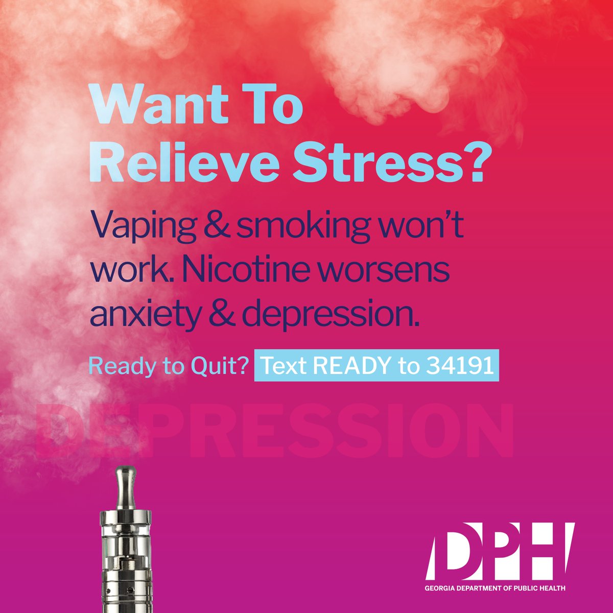 Break free from vaping and smoking! Text READY to 34191 to quit smoking and prioritize your well-being.