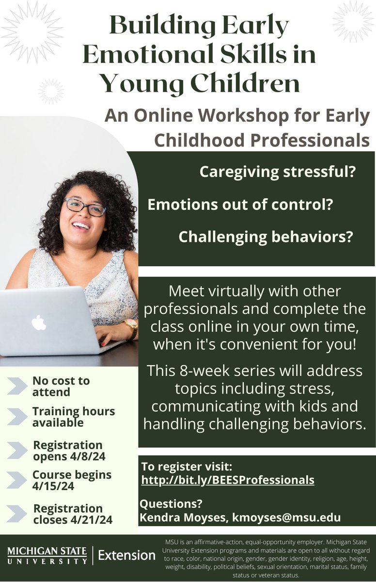 Building Early Emotional Skills (BEES) is an opportunity for early childhood professionals to learn more about how children develop important social-emotional skills, and how you can help them understand and express their emotions. Registration is open. canr.msu.edu/building_early…