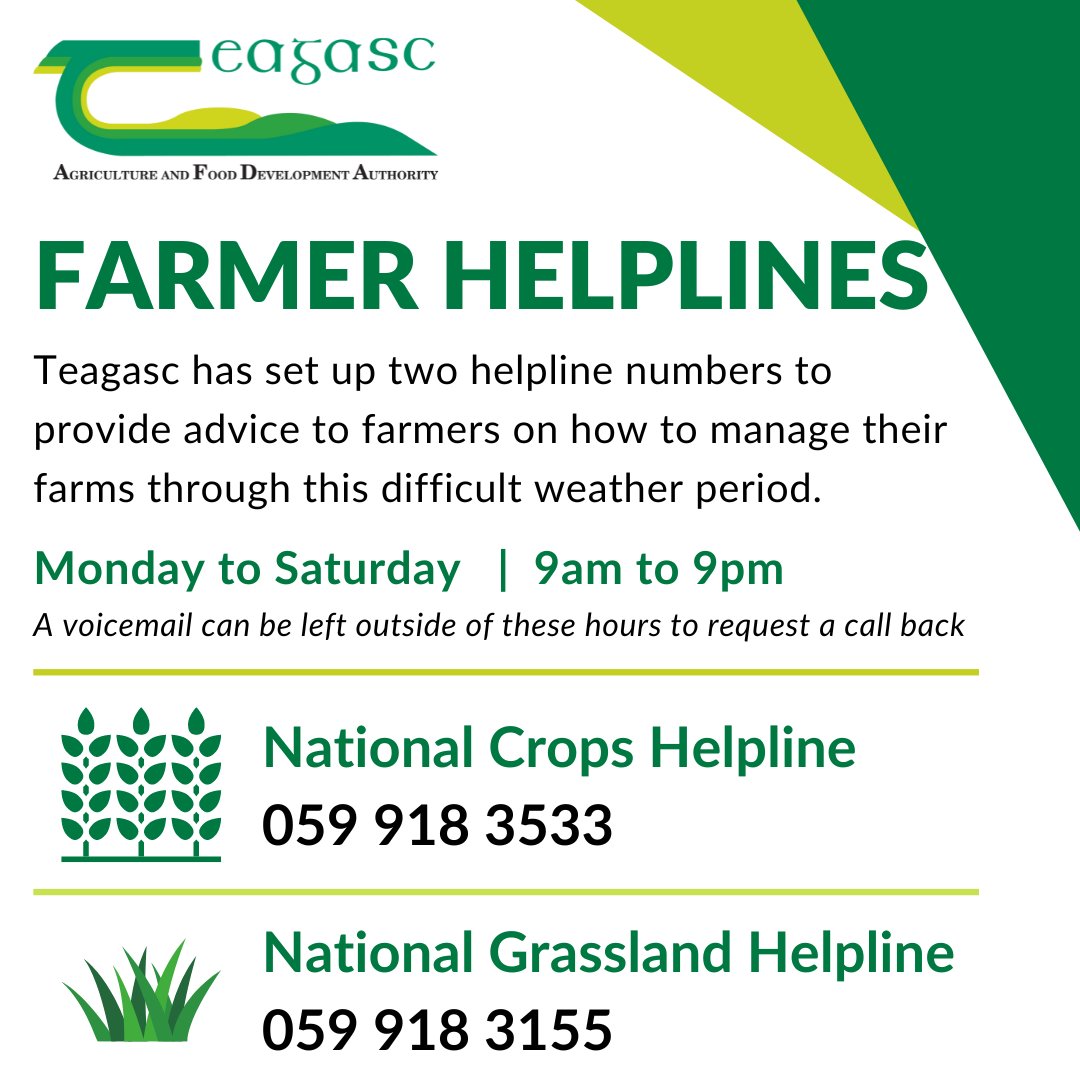 Teagasc has set up two helpline numbers to provide advice to farmers on how to manage their farms through this difficult weather period. 
Find out more here bit.ly/3VRfpGA