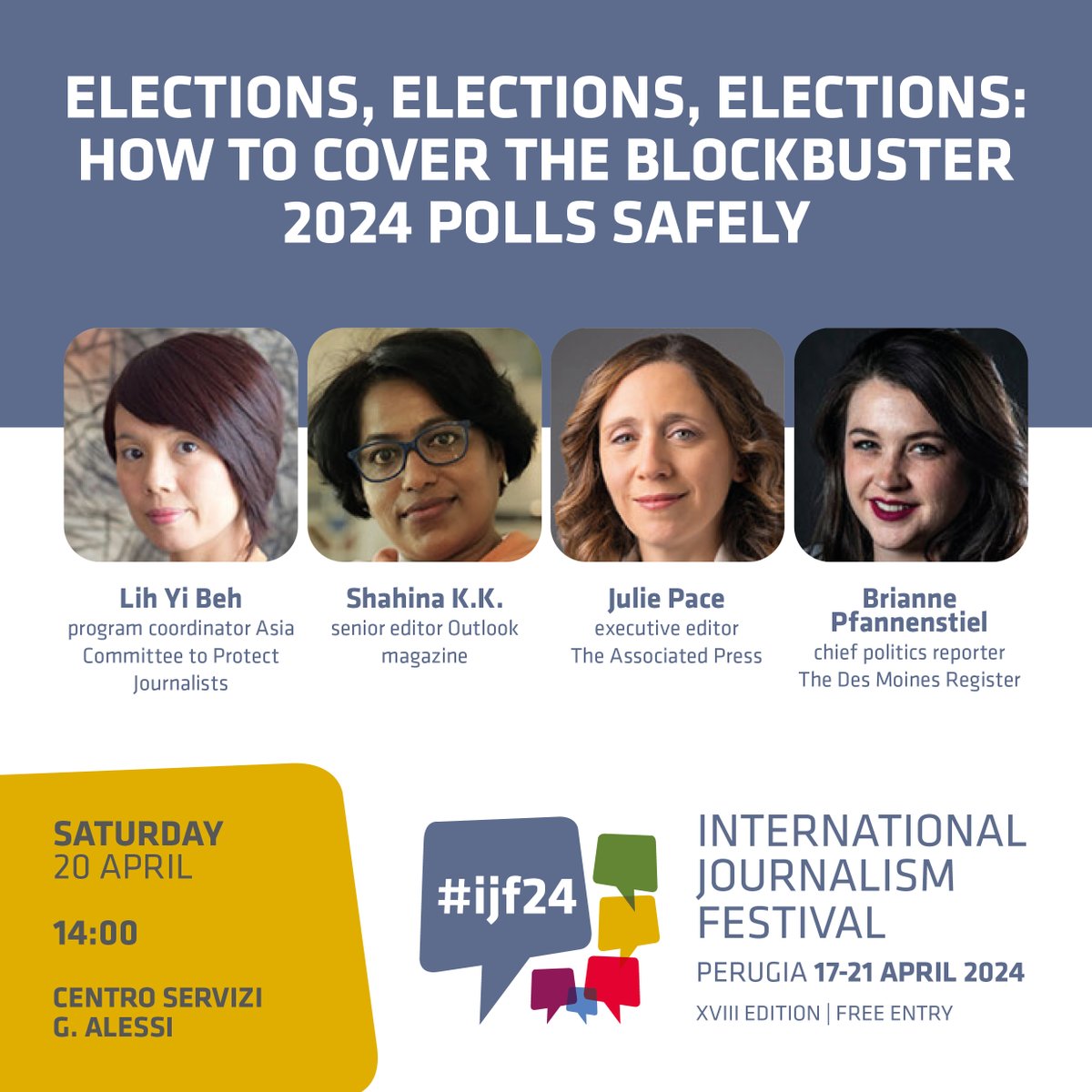 CPJ's @behlihyi will moderate @journalismfest’s panel, Elections, elections, elections: how to cover the blockbuster 2024 polls safely April 20, 2pm CET/8am ET—to be livestreamed Perugia, Italy Speakers @JuliePace @Shahina_Nafeesa @brianneDMR More info: journalismfestival.com/programme/2024…