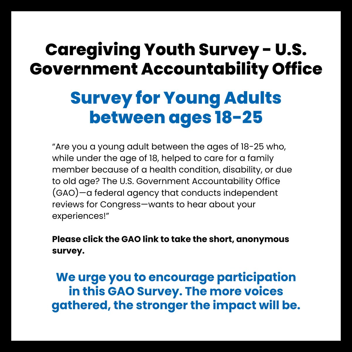 Calling all young caregivers (18-25)! 📣 The GAO wants to hear about your experiences. Take their short, anonymous survey & help shape future support: gaosurvey.gao.gov/jfe/form/SV_cS… #MonthoftheMilitaryChild #HiddenHelpers