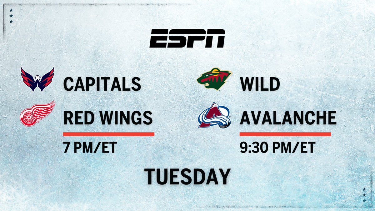 Tuesday, #NHL action continues with an ESPN doubleheader 🏒 7p ET | #ALLCAPS-#LGRW 🎙️ @MikeMonaco_, @TheRealCally24, @emilymkaplan 🏒 9:30p ET | #mnwild-#GoAvsGo 🎙️ @Buccigross, @AJMleczko, @leahhextall Studio | @KevinWeekes, @PKSubban1, @Arda