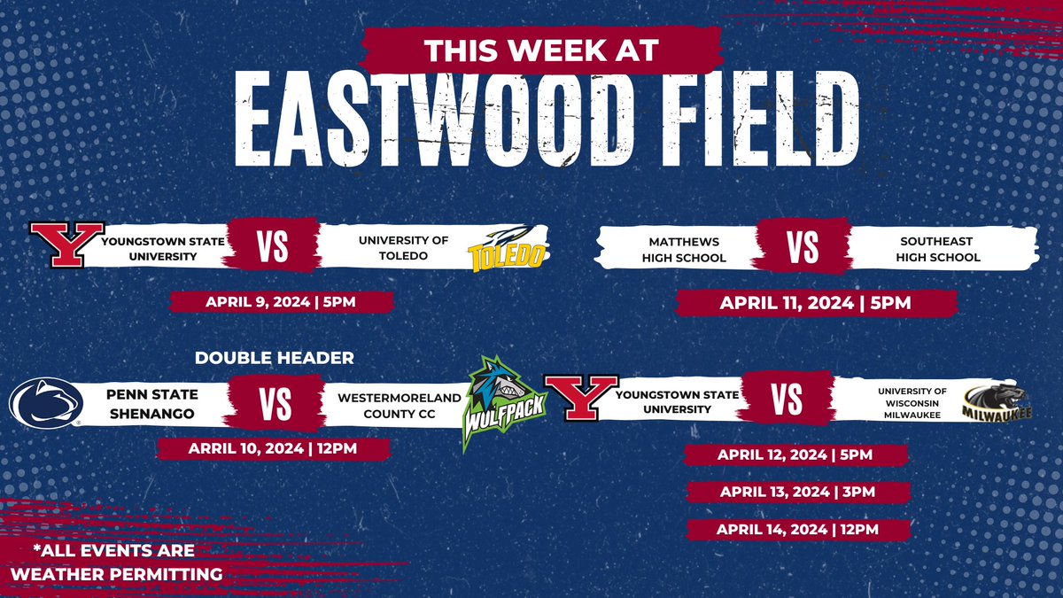 ⚾𝙏𝙝𝙞𝙨 𝙒𝙚𝙚𝙠 𝘼𝙩 𝙀𝙖𝙨𝙩𝙬𝙤𝙤𝙙 𝙁𝙞𝙚𝙡𝙙: -@YSUBaseball vs Toledo Rockets tonight at 5pm -PSU Shenango Double Header against Westermoreland County CC tomorrow at noon. -Matthews HS vs Southeast HS Thursday at 5pm. -YSU vs Milwaukee this weekend at 5pm, 3pm, 12pm.