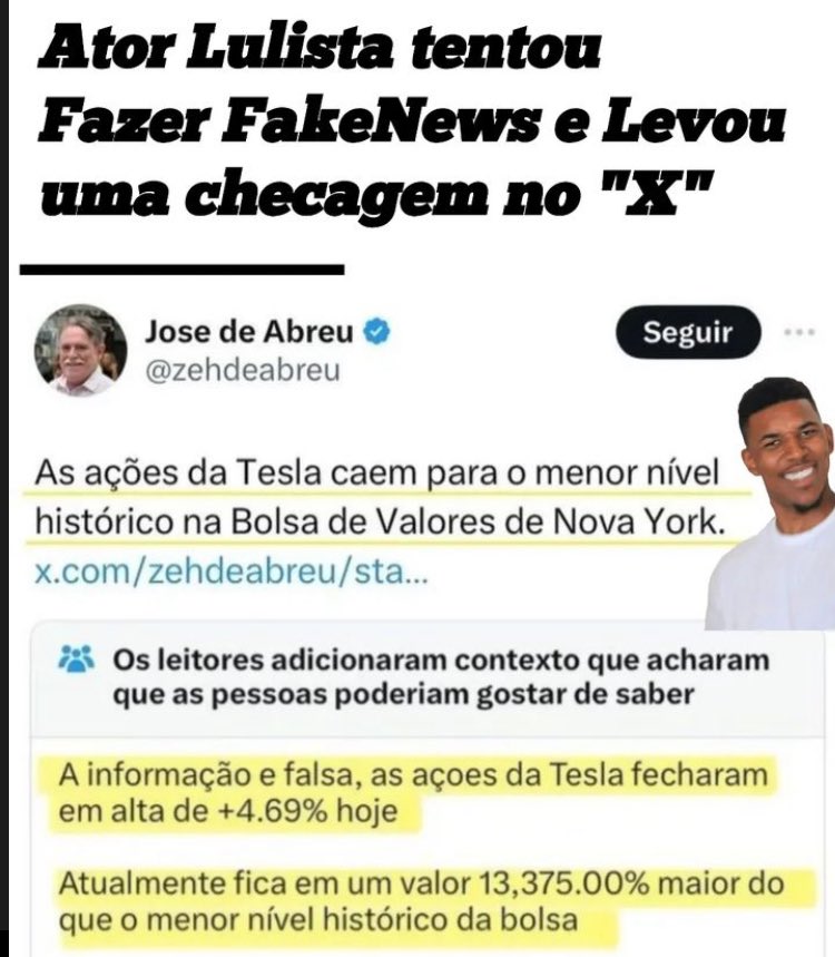 Não deu certo! Ator Lulista tentou Fazer FakeNews e Levou uma checagem no 'X”