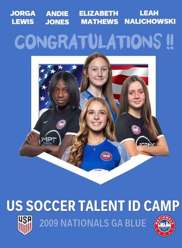 Nationals 09 Blue ECNL (@09nationalsblue) on Twitter photo These four standouts are heading to the April 10th US Soccer ID Camp.
Best of luck girls!!
<a href="/GAcademyLeague/">Girls Academy</a> <a href="/NationalsGA/">Nationals Girls Academy</a> <a href="/USYouthSoccer/">US Youth Soccer</a> <a href="/TopDrawerSoccer/">TopDrawerSoccer</a>
<a href="/CoachDR7/">David Robertson</a> <a href="/ImCollegeSoccer/">College Soccer Truth ™</a> <a href="/USYNT/">U.S. Soccer YNT</a> <a href="/JorjaLSoccer2/">JorjaLewis2Soccer</a> <a href="/LeahNalichowski/">Leah Nalichowski: 🎓2027 ⚽️ CF/ST</a> <a href="/andiejsoccer/">Andie Jones</a> <a href="/EllieMathe56984/">Elizabeth Mathews</a> These four standouts are heading to the April 10th US Soccer ID Camp.
Best of luck girls!!
<a href="/GAcademyLeague/">Girls Academy</a> <a href="/NationalsGA/">Nationals Girls Academy</a> <a href="/USYouthSoccer/">US Youth Soccer</a> <a href="/TopDrawerSoccer/">TopDrawerSoccer</a>
<a href="/CoachDR7/">David Robertson</a> <a href="/ImCollegeSoccer/">College Soccer Truth ™</a> <a href="/USYNT/">U.S. Soccer YNT</a> <a href="/JorjaLSoccer2/">JorjaLewis2Soccer</a> <a href="/LeahNalichowski/">Leah Nalichowski: 🎓2027 ⚽️ CF/ST</a> <a href="/andiejsoccer/">Andie Jones</a> <a href="/EllieMathe56984/">Elizabeth Mathews</a>