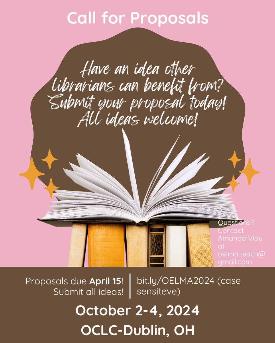 ⏰The deadline for proposals for OELMA conference is almost here! Submit all your ideas by April 15!🗓️ No idea is too big or too small! If it worked for you, it's worth sharing! 😊 #OELMA2024 @KASL_Librarians would love to have some friends from south of the Ohio come share!