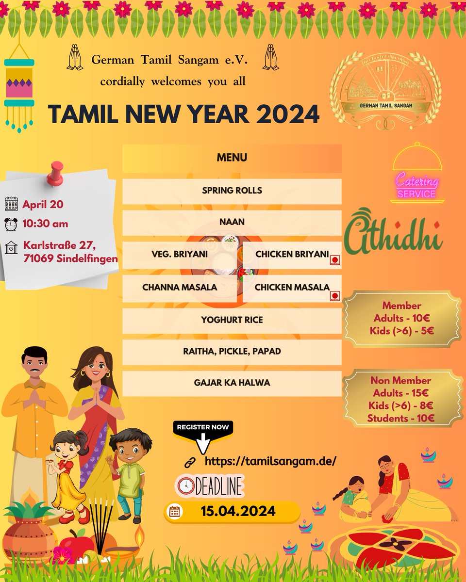 🌟 Join us for Tamil New Year on April 20th, 2024, hosted by German  Tamil Sangam e.V.! Enjoy a delicious feast from Athidhi Restaurant -  included with entry! 🍽️✨ Register now, deadline: April 15th, 2024. Register here: tamilsangam.de