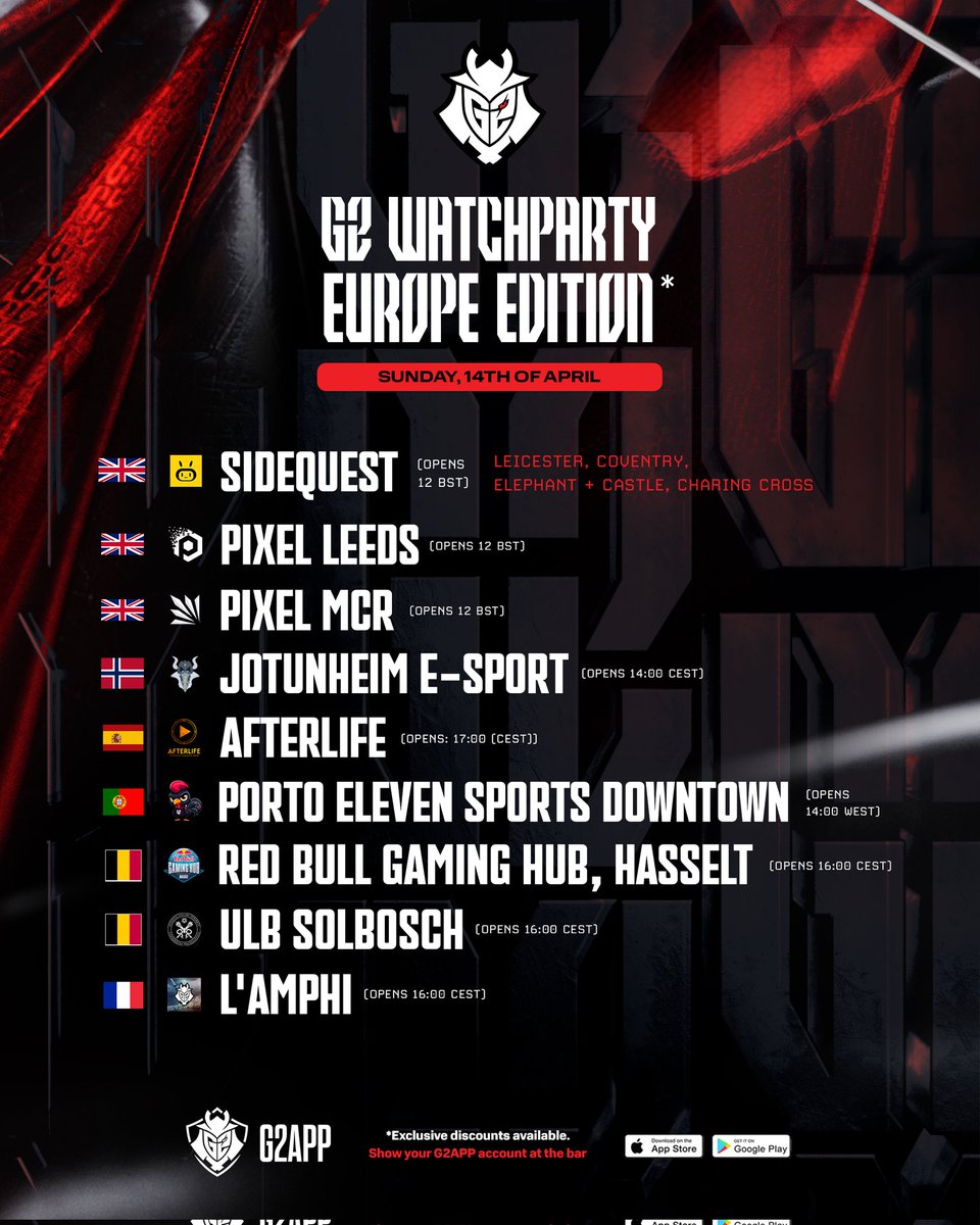 Zondag is het zover: <a href="/G2esports/">G2 Esports</a> speelt in de LEC Spring Finals! Kom gezellig gezamelijk afzien in de <a href="/RedBullBe/">Red Bull Belgium</a> Gaming Hub🎮

Even praktisch:
📅 14 April om 16:00
🌍 <a href="/HogeschoolPXL/">Hogeschool PXL</a> Buildling F - 4e verdiep
🕺 Dress code: G2 merch (duh)
🍴 Snacks &amp; drinks provided

Tot binnekort!