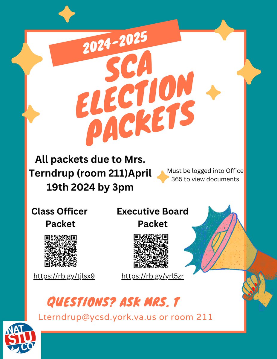 SCA Election packets are now available for all students interested in serving as a Class Officer or on the Executive Board for the 2024-25 school year. All packets are due to Mrs. Terndrup by 3pm on Friday April 19th.