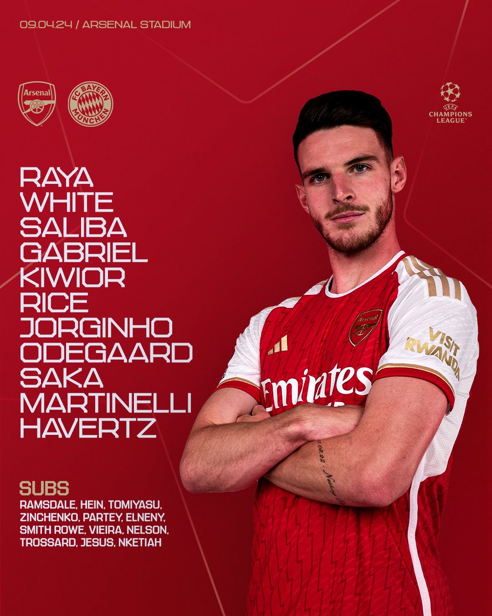 🔴 𝗧𝗘𝗔𝗠𝙉𝙀𝙒𝙎 ⚪️

🔙 Kiwior in at left-back
⚡️ Martinelli on the wing
💪 Havertz leads the line

Let's make it count, Gunners 👊