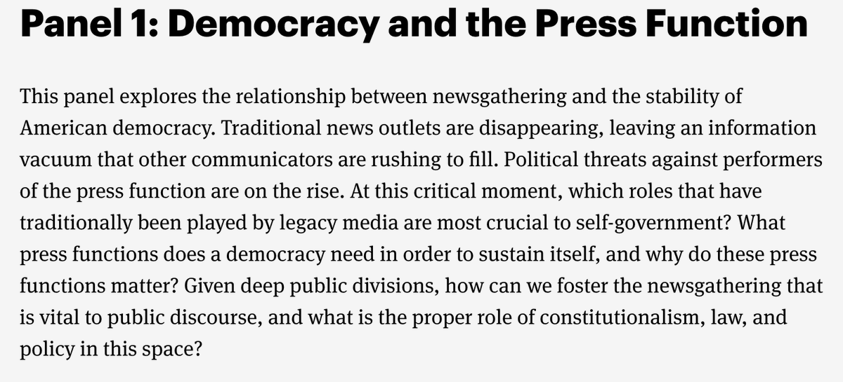 9:30AM–10:45AM ET: PANEL 1 – Democracy and the Press Function. Speakers: Erwin Chemerinsky @BerkeleyLaw; Lyrissa Lidsky @UFLaw; Robert C. Post, @YaleLawSch; @mschudson2 @columbiajourn. Moderator: @randersenjones @UUtah @knightcolumbia.