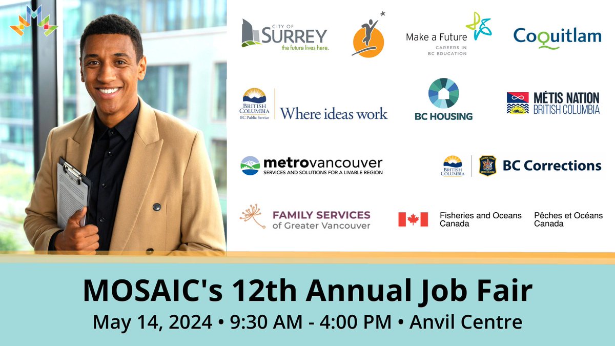 Interested in an exciting #career with one of these major companies? Meet with various employers in the public administration sector at MOSAIC's 12th Annual #JobFair on May 14!

Register at jobfair.mosaicbc.org