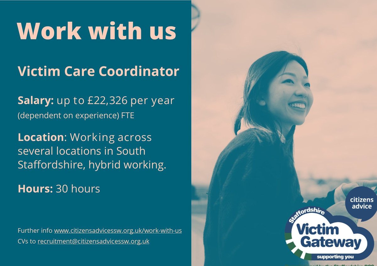 ✅#jobopportunity Want to help people that have been victims of crime? Victim Care Coordinator upto £22,326 (pro rata) per yr 30 hrs pw For more information visit buff.ly/4cADS8K CV’s to recruitment@citizensadvicessw.org.uk for a job pack #charityjob,#citizensadvice