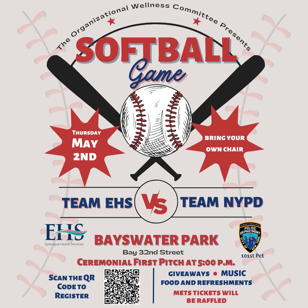 Join us on May 2nd as Team EHS plays Team @NYPD101Pct in our annual softball game. First pitch is at 5PM at Bayswater Park. Be sure to join us to cheer on the teams and enjoy an evening of fun! Scan the QR code or register here: forms.gle/tAXKShT4VKJprg…. #SoftballGame #EHS #NYPD