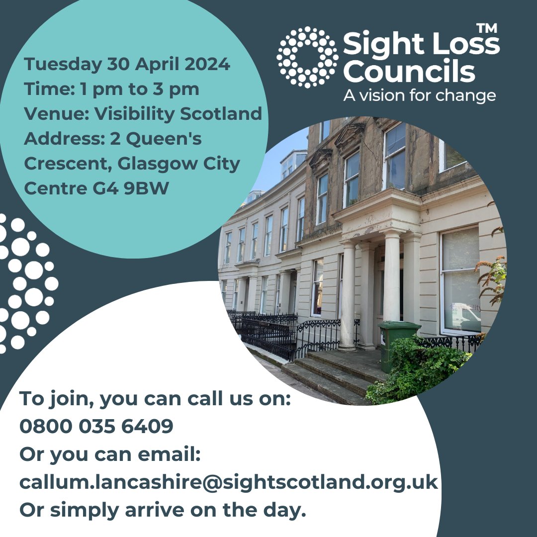 Sight Loss Councils, delivered in Scotland by Sight Scotland, Sight Scotland Veterans and @VisibilityScot and funded by @PocklingtonHub, are regional groups led by blind and partially sighted volunteers. Our first events are in Edinburgh 25 April and Glasgow 30 April.